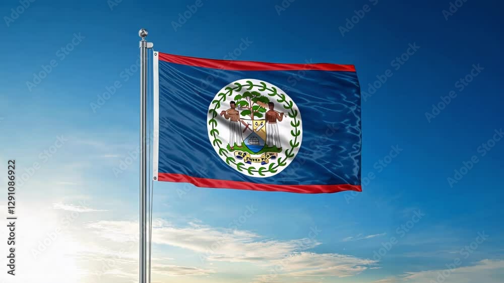 National flag of Belize waving on blue sky, banner on the wind