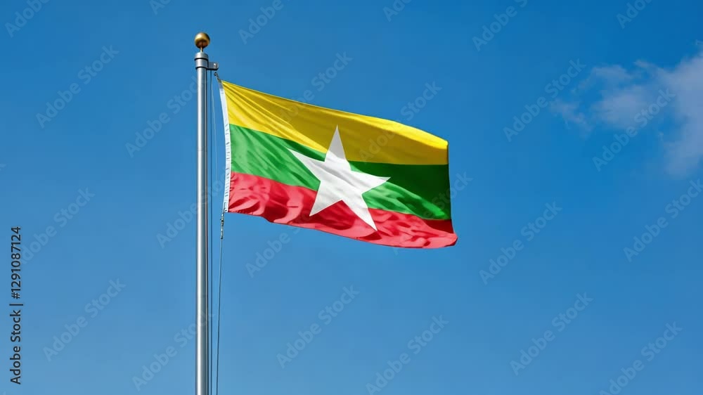 National flag of Burmn a waving on blue sky, banner of myanmar on the wind National flag of Burmn a waving on blue sky, banner of myanmar on the wind