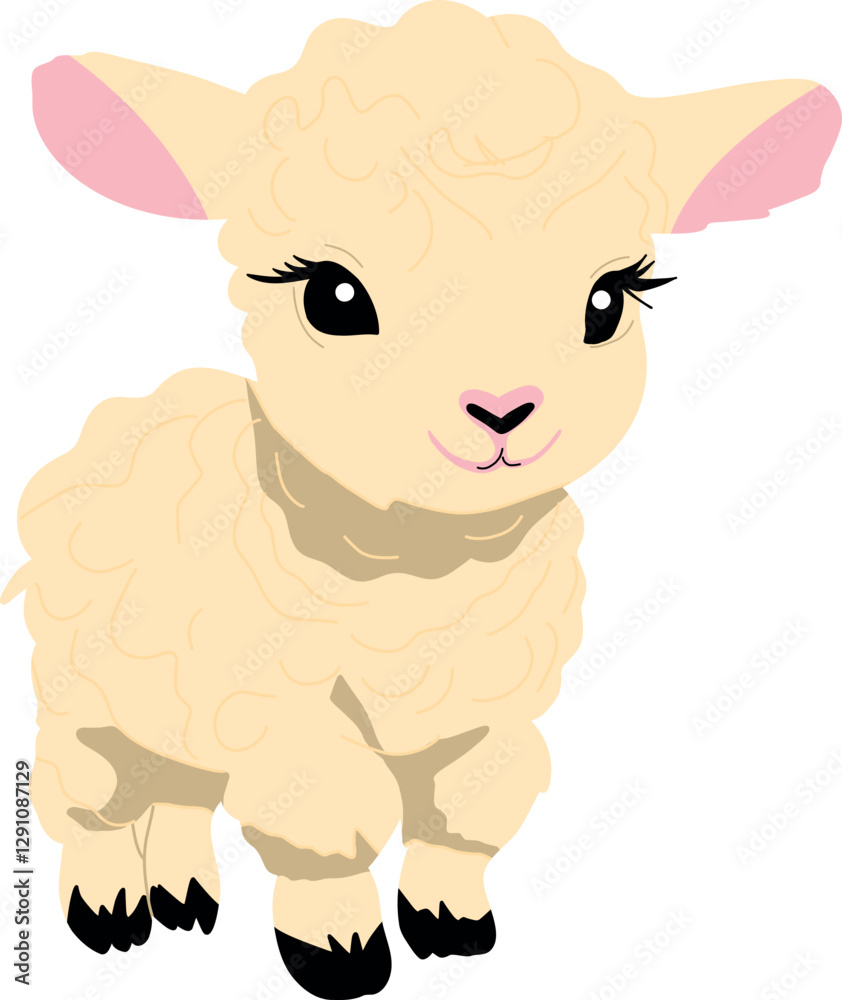 Fototapeta premium Adorable cartoon lamb with fluffy white wool and a sweet smile, perfect for children's designs, nursery decor, and Easter themes. This cute sheep illustration adds a warm and playful touch to any proj