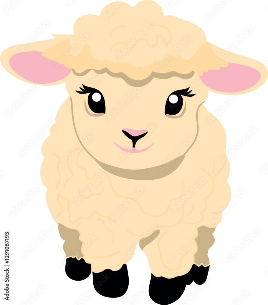 Fototapeta premium Adorable cartoon lamb with fluffy white wool and a sweet smile, perfect for children's designs, nursery decor, and Easter themes. This cute sheep illustration adds a warm and playful touch to any proj