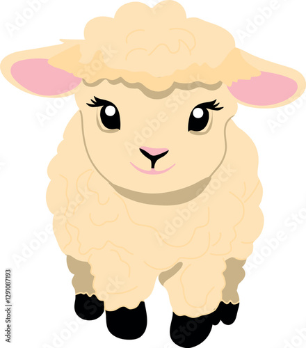 Adorable cartoon lamb with fluffy white wool and a sweet smile, perfect for children's designs, nursery decor, and Easter themes. This cute sheep illustration adds a warm and playful touch to any proj