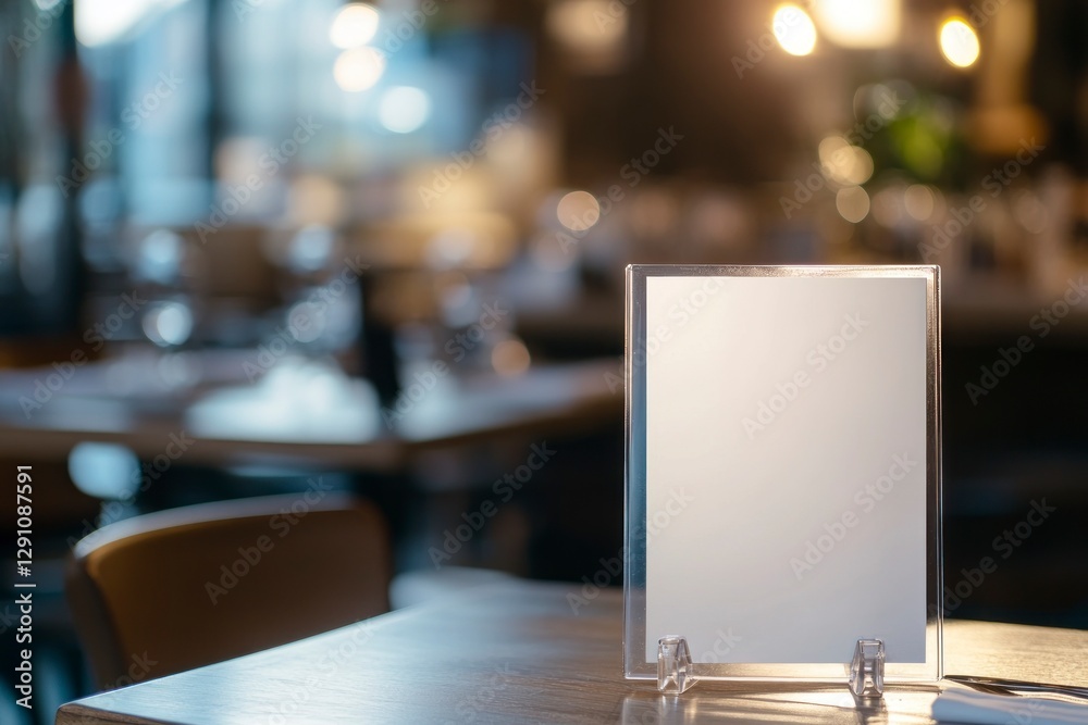 custom made wallpaper toronto digitalblank white acrylic menu holder sits atop an empty table in the foreground, with a blurred restaurant background.