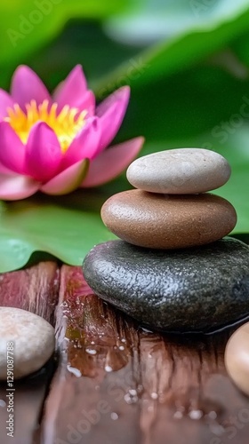 Stacked stones beside a pink water lily on a leaf, creating a tranquil and serene nature scene.