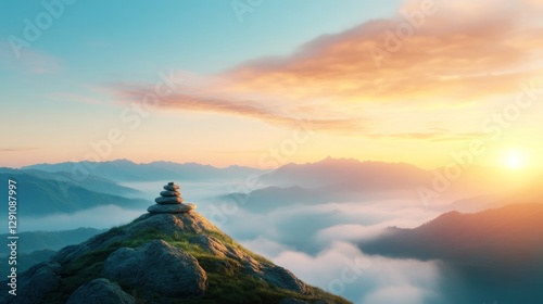 Serene sunrise meditation stones mountain peak nature scene tranquil environment wide angle peaceful reflection