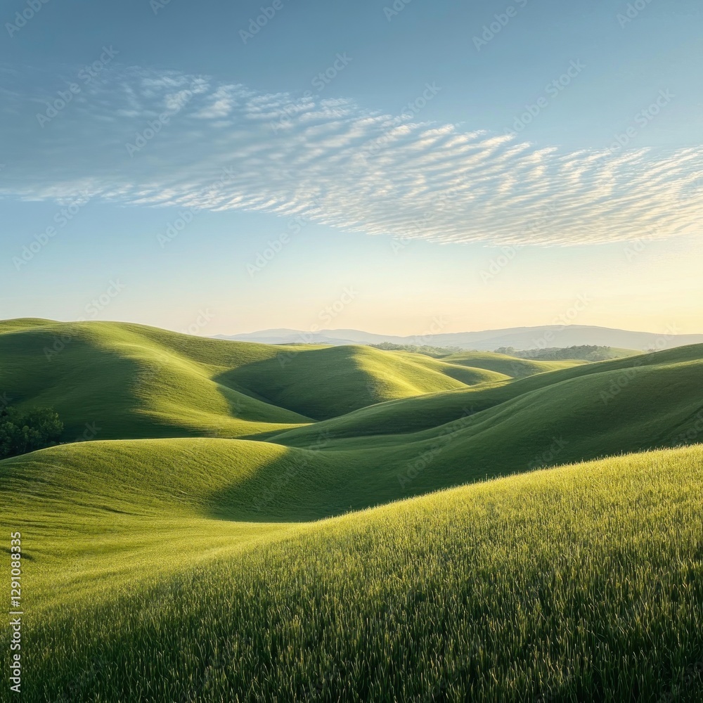 Obraz premium Rolling hills, tranquil landscape, early morning light