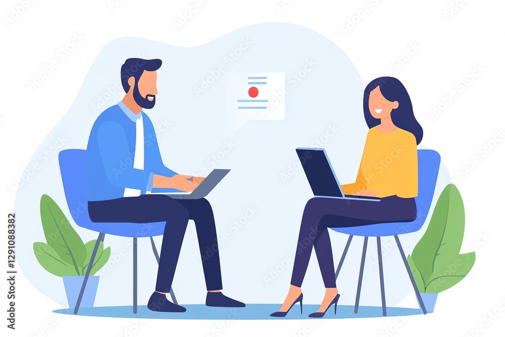 Job interview. Vector flat modern illustration of a man talking to a young woman with laptop. Isolated on background , 8k image Job interview. Vector flat modern illustration of a man talking to a young woman with laptop. Isolated on background , 8k image
