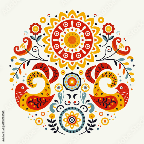 Traditional Folk Art Pattern with Decorative Birds, Ornamental Sun and Floral Elements. A vibrant vector illustration featuring a symmetrical folk art design for Maslenitsa