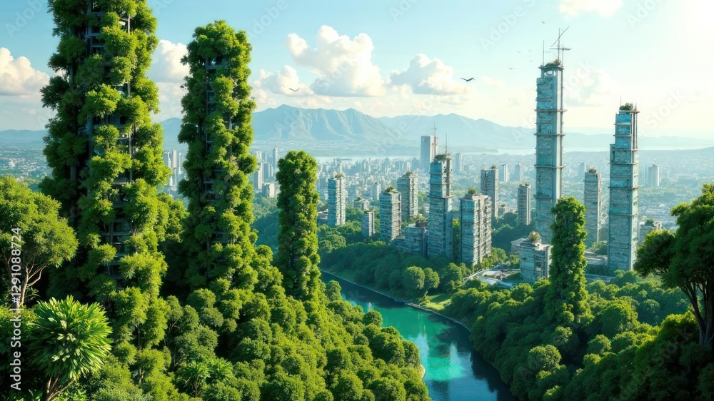 Fototapeta premium futuristic cityscape with tall, green skyscrapers surrounded by lush, dense trees. urban landscape with mountains in background. eco-friendly architecture. urban planning, sustainable city design.