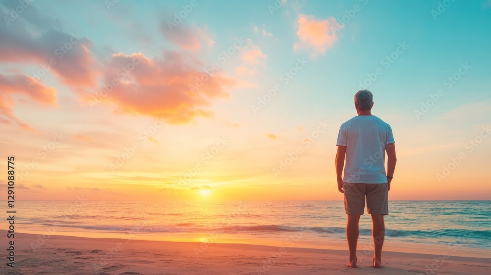 Contemplative man watching sunset beach serene environment side view reflection on life Contemplative man watching sunset beach serene environment side view reflection on life