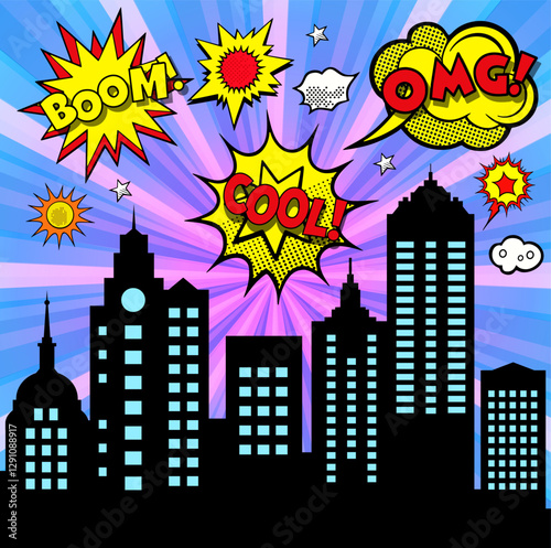 City skyline with comic expressions celebrating urban excitement