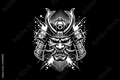 Scary oni mask with splash dark art black and white illustration design