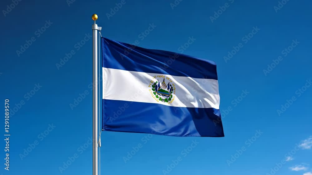 national flag of El Salvador waving on blue sky, banner on the wind