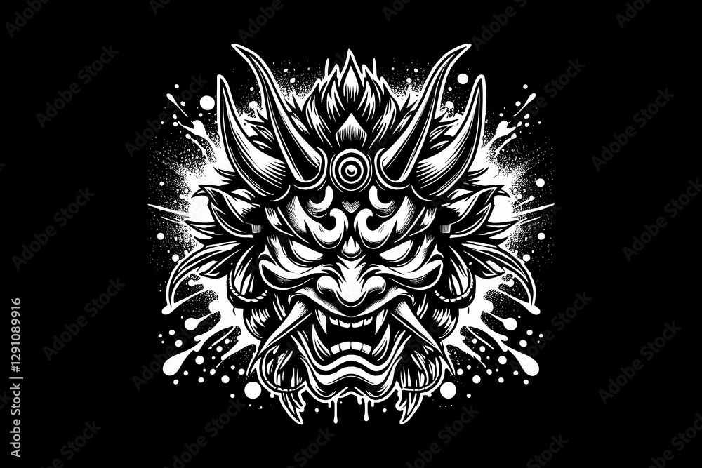 Fototapeta premium Scary oni mask with splash dark art black and white illustration design