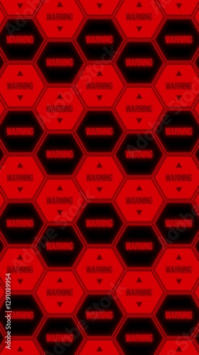 ハニカム構造の赤い六角形にWARNINGの文字が点滅する縦型動画 Vertical animation of the word WARNING flashing on a red hexagon with honeycomb structure CG