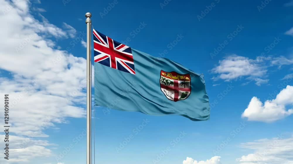 national flag of Fiji waving on blue sky, banner on the wind