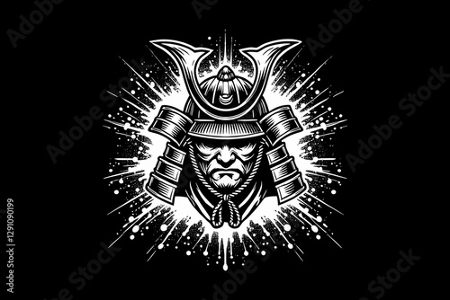 Scary oni mask with splash dark art black and white illustration design