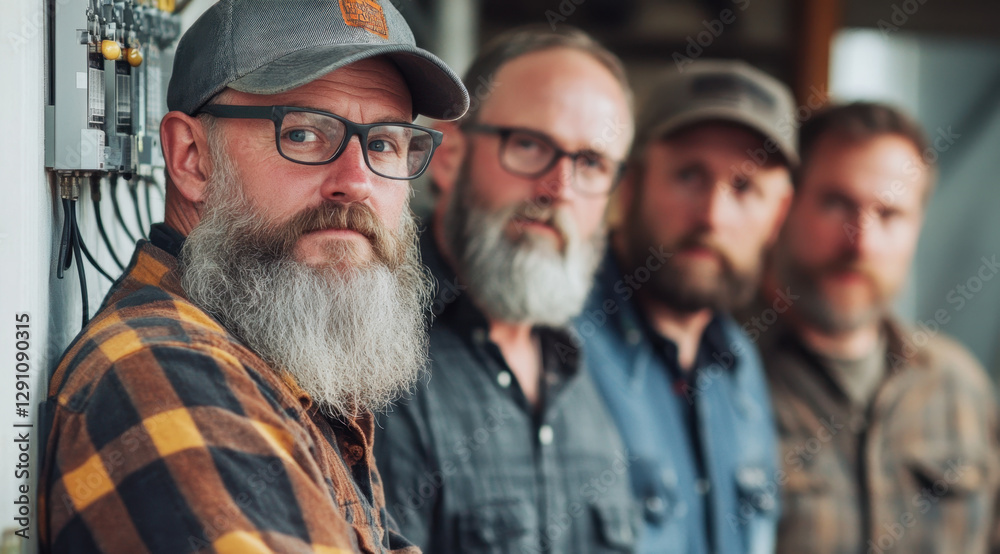 Fototapeta premium Group of four men, each with distinct beards and glasses, share a moment in a workshop environment while discussing various topics