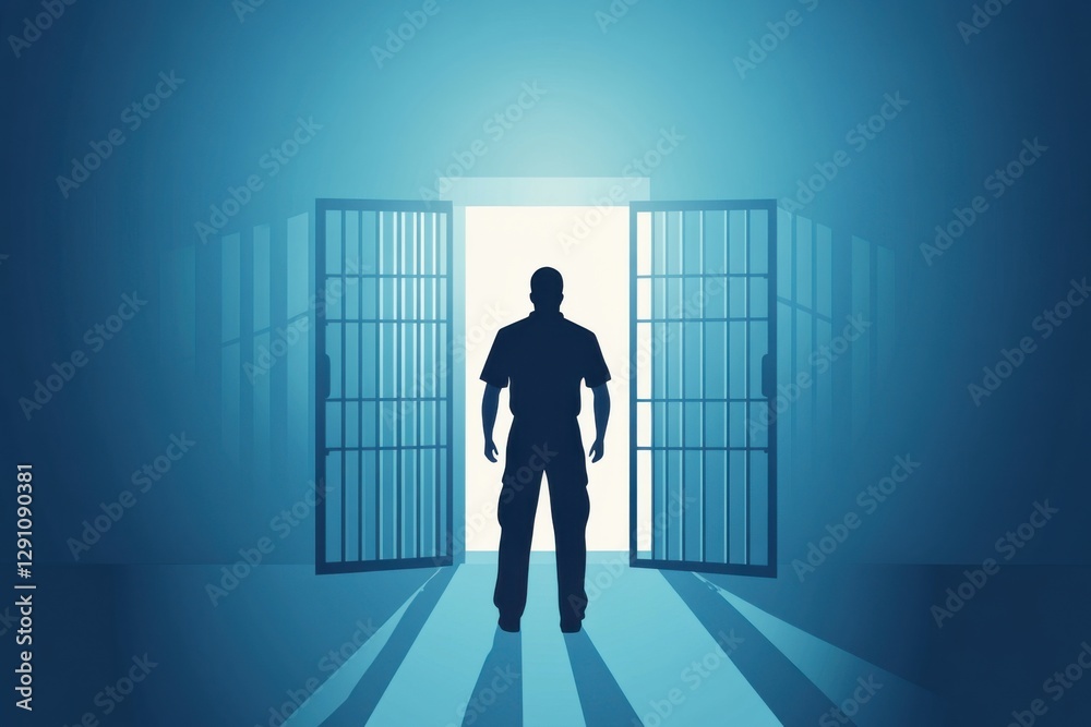 Fototapeta premium Prison guard standing watch inside a correctional facility with open doors showcasing authority and vigilance