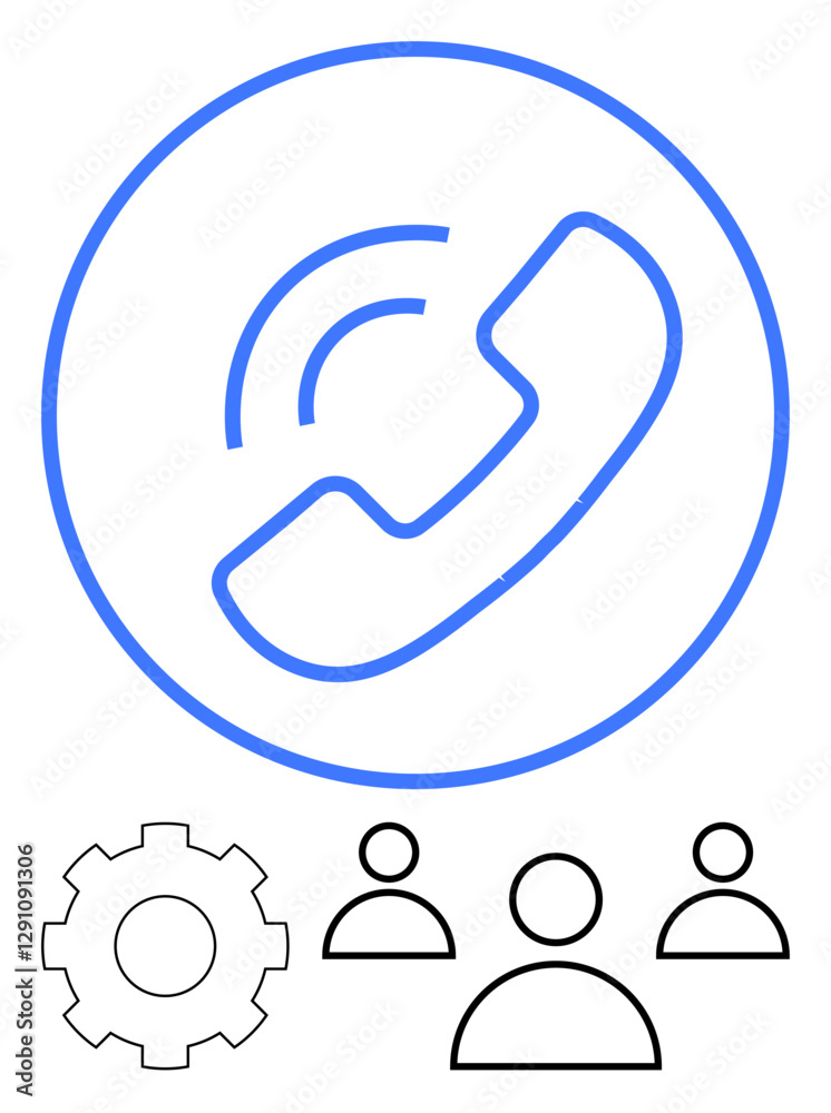 Phone icon inside a circle, gear, and three user icons symbolize communication, support, and teamwork. Ideal for customer service, networking, teamwork, management tech collaboration abstract line Phone icon inside a circle, gear, and three user icons symbolize communication, support, and teamwork. Ideal for customer service, networking, teamwork, management tech collaboration abstract line