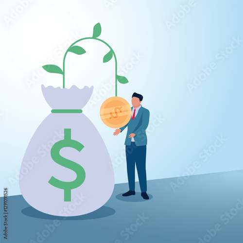 A man picks up coins emerging from a plant in a money bag. Illustration for return on investment, stocks and company value.
