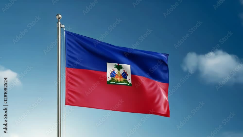 national flag of Haiti waving on blue sky, banner on the wind
