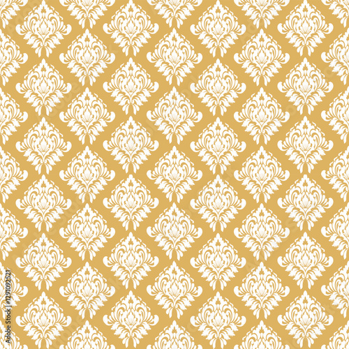 fabric pattern, decorated with white on a golden yellow background, symmetrical floral pattern, gives a classic and luxurious look, used as wallpaper, fabric, adding luxury to the interior decoration.