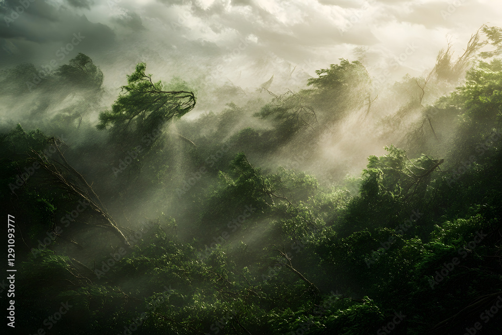 Obraz premium Trees in a violent storm, heavy rain and wind