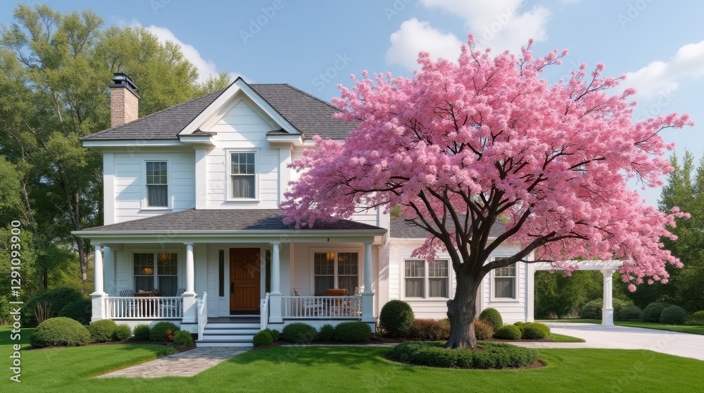 Obraz premium Beautiful white house with pink sakura tree in front of it