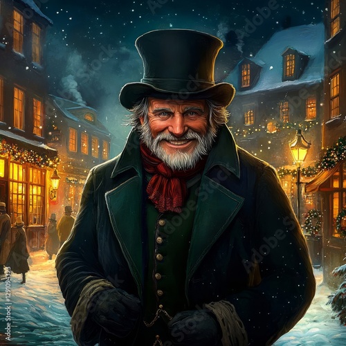 Happy Ebenezer Scrooge embracing the Christmas spirit.