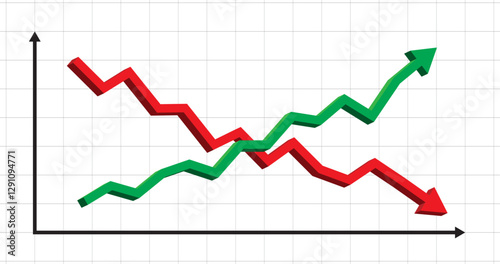 3D arrow chart profit and loss path in green and red colors in black chart for profiting bossiness and loss, forex, trading, stock market banner background template