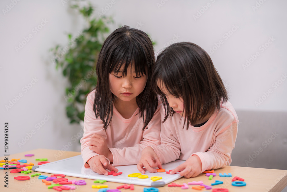 英語の勉強に取り組む姉妹 英語の勉強に取り組む姉妹