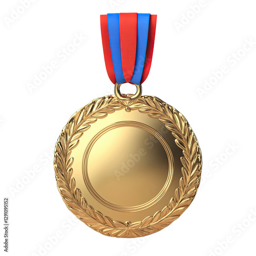 A shiny gold medal with a red and blue ribbon, symbolizing victory and achievement in sports.