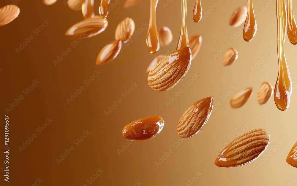 Obraz premium Floating candied almonds with a caramel drizzle on a golden caramel brown 3D background minimalistic mockup with space for text