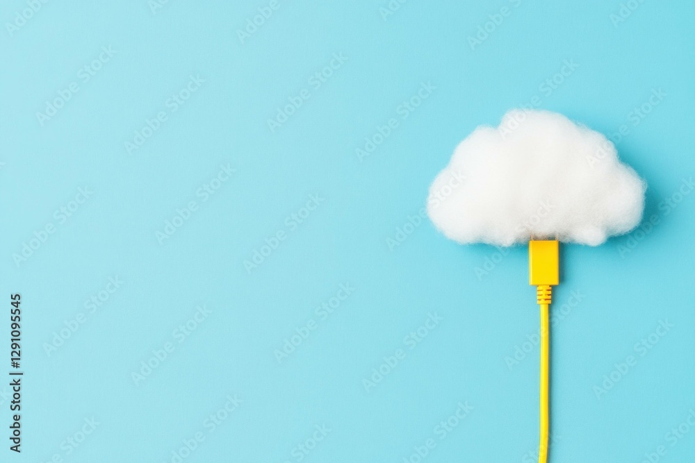 Cloud with yellow plug on light blue background symbolizes connection, technology, and digital innovation, evoking creativity and modern solutions Cloud with yellow plug on light blue background symbolizes connection, technology, and digital innovation, evoking creativity and modern solutions