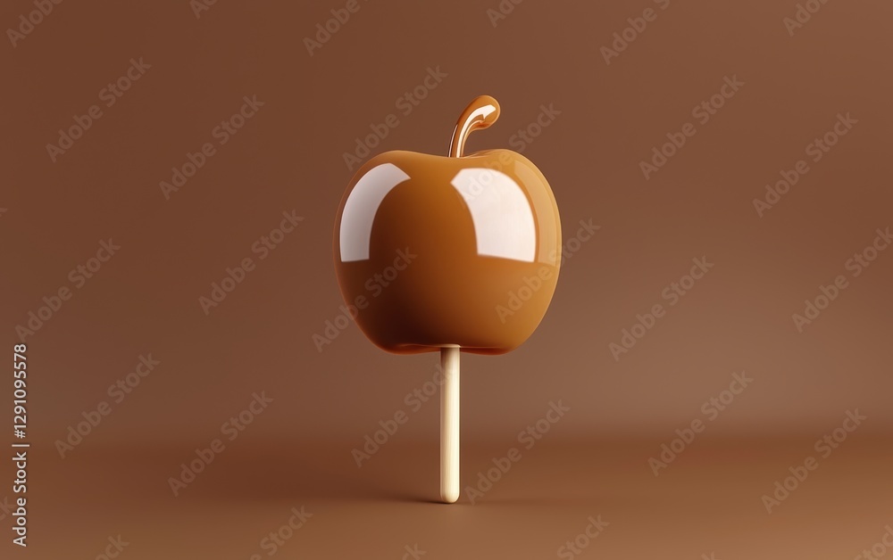 Obraz premium Floating caramel apple on a stick on a rich caramel brown 3D background minimalistic mockup with space for text