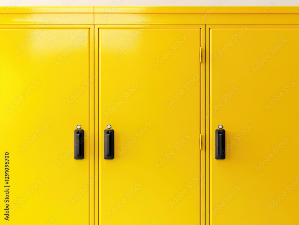 three yellow metal cabinets with black handles three yellow metal cabinets with black handles