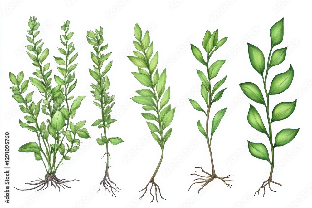 Obraz premium Illustration of Nephrolepis exaltata showcasing different plant parts in detailed arrangement