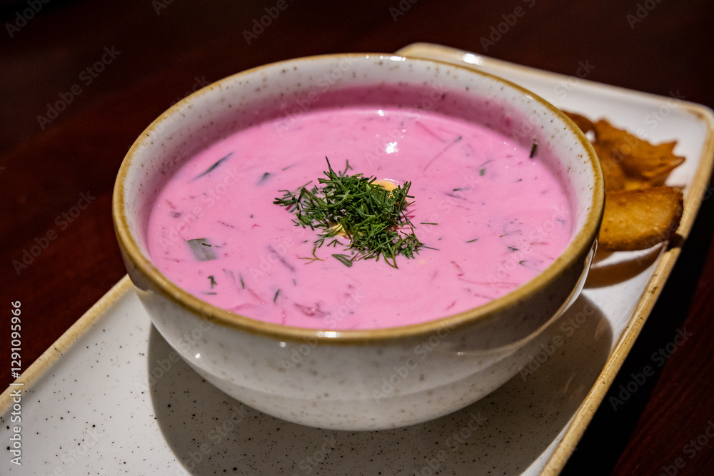 Lithuanian cold beet soup called saltibarsciai - one of the dishes of traditional lithuanian cuisine