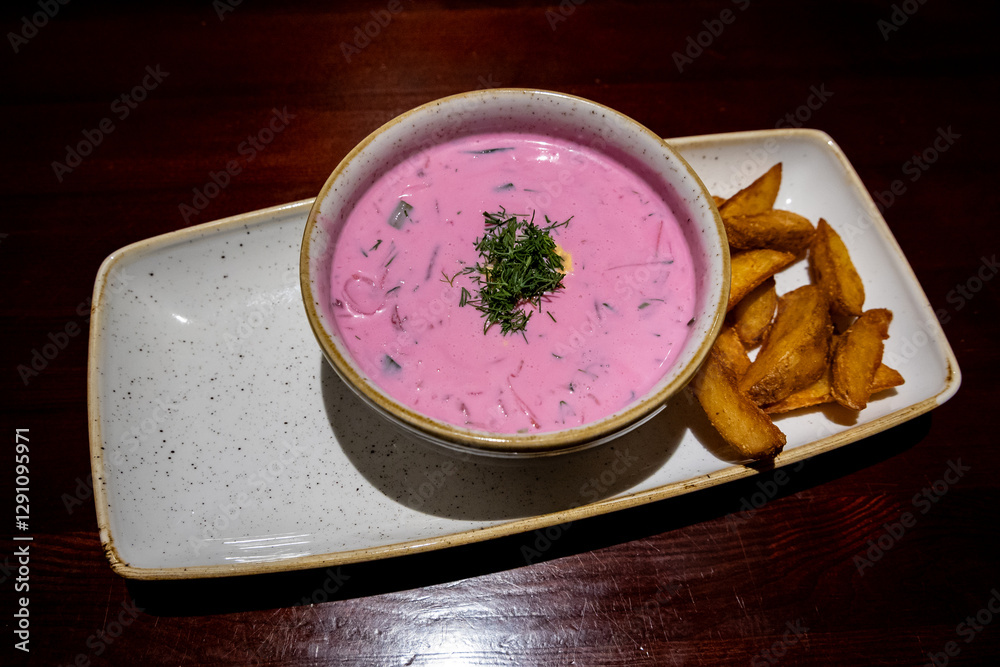 Lithuanian cold beet soup called saltibarsciai - one of the dishes of traditional lithuanian cuisine