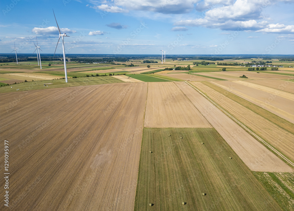 Wind farm and fields near Czaple village, Mazowsze region of Poland