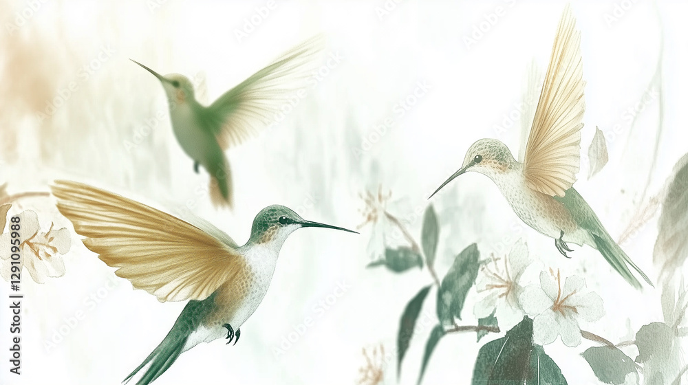 Obraz premium Soft watercolor illustration of hummingbirds hovering around blossoms in a dreamy natural scene.
