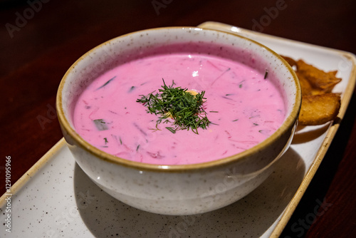 Obraz na płótnie Lithuanian cold beet soup called saltibarsciai - one of the dishes of traditional lithuanian cuisine w salonie