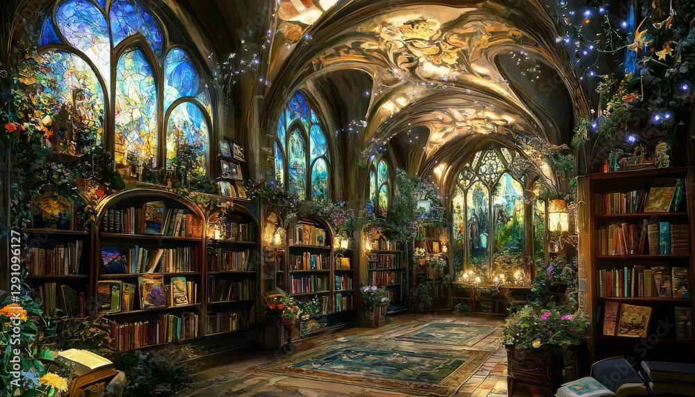 Fototapeta premium A magical atmosphere created by the soft glow of fairy lights in a library.