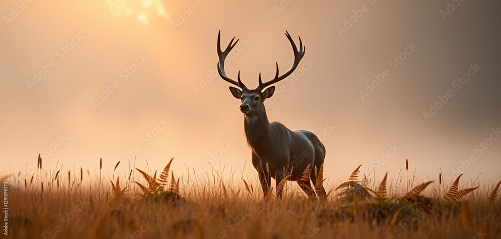 Obraz premium Majestic Stag Standing Tall in Golden Field at Sunrise