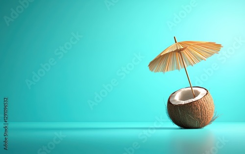 Wallpaper Mural Floating coconut with straw and umbrella on a tropical teal 3D background minimalistic mockup with space for text Torontodigital.ca