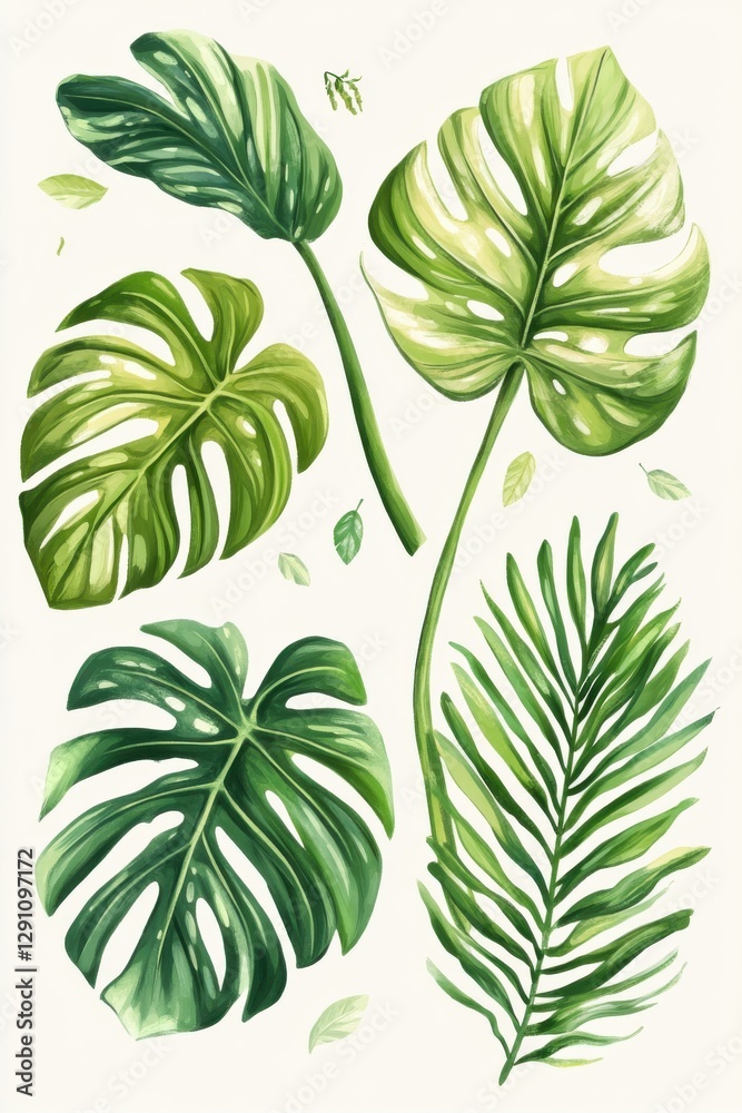 Illustration showcasing different parts of Monstera deliciosa in detailed botanical style Illustration showcasing different parts of Monstera deliciosa in detailed botanical style