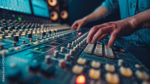 Serene audio studio with sound engineer adjusting noise reduction settings on mixing console, symbolizing the meticulous process of eliminating unwanted sounds.