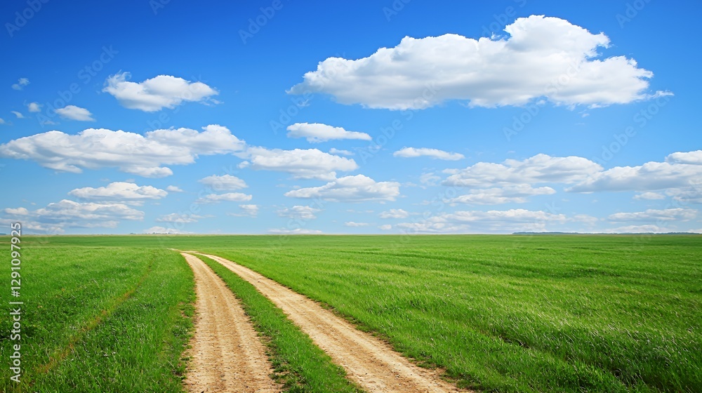 Dirt Path Through a Lush Green Field Under a Bright Blue Sky Dirt Path Through a Lush Green Field Under a Bright Blue Sky