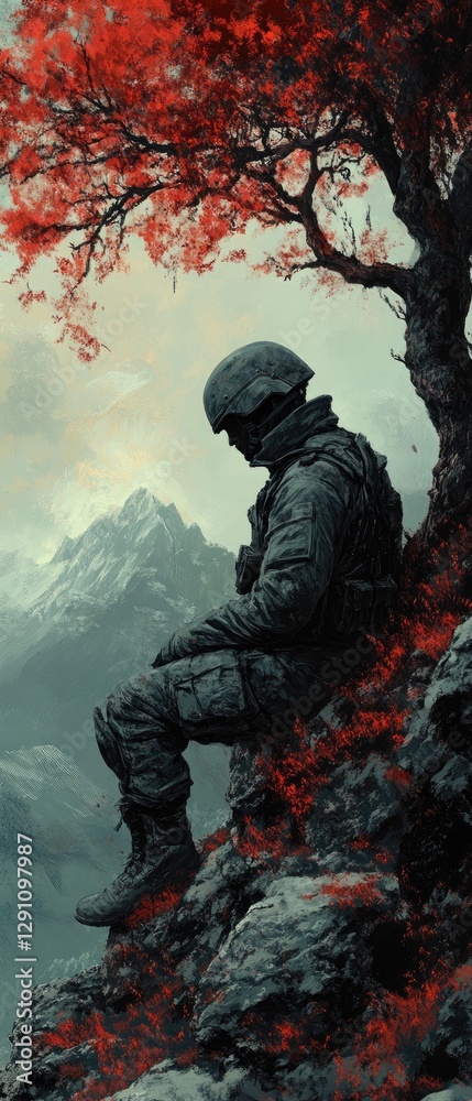 Fototapeta premium Soldier sits beneath a tree with red leaves and mountains