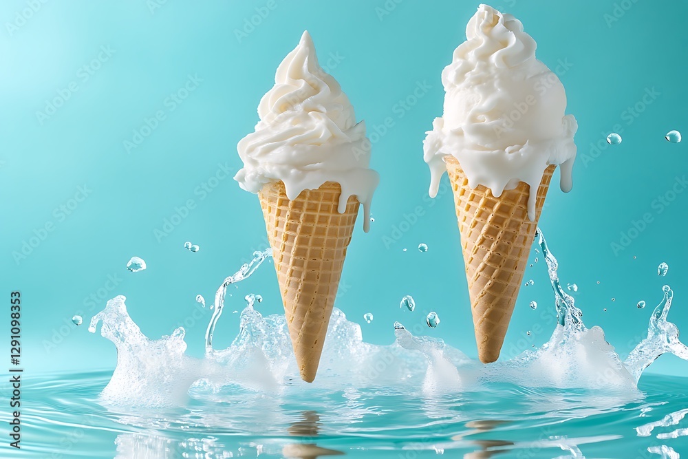 Melted Ice Cream Cones in Water Splash Melted Ice Cream Cones in Water Splash